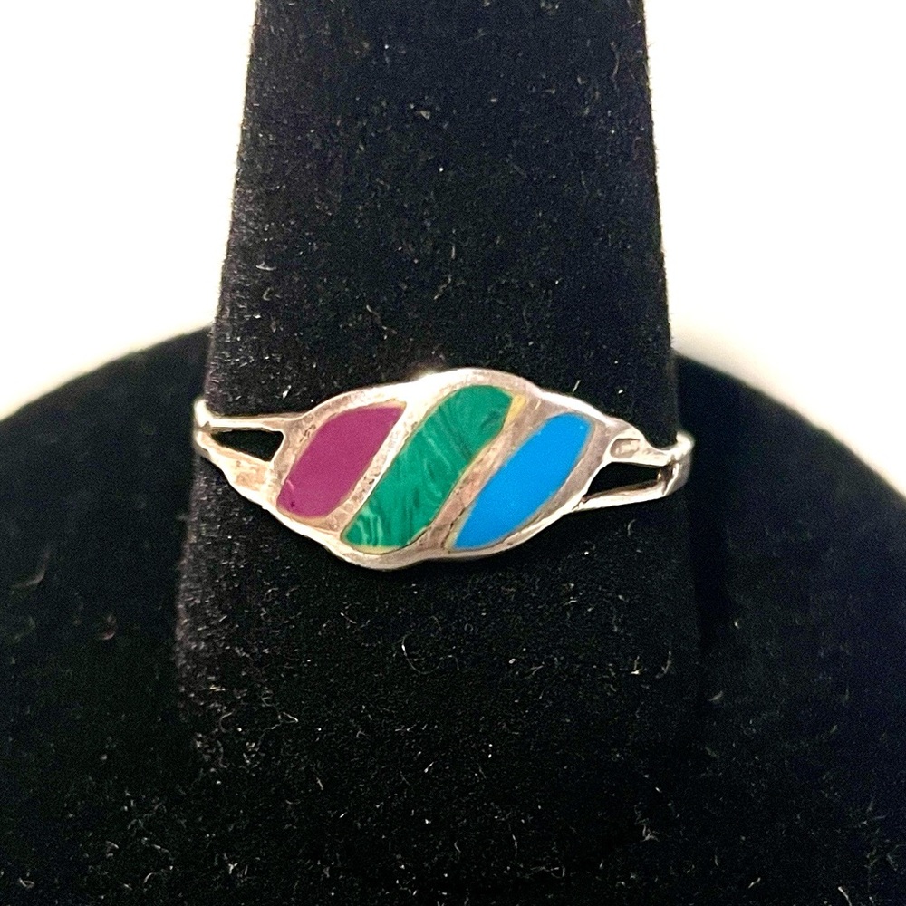 Vintage 925 Silver Multicolor Inlay Ring - Size 9